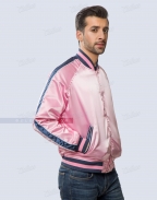 Baby pink satin bomber jacket with striped sleeve