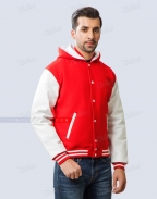 Hooded Letterman Jacket Red White Hoodie Front Side