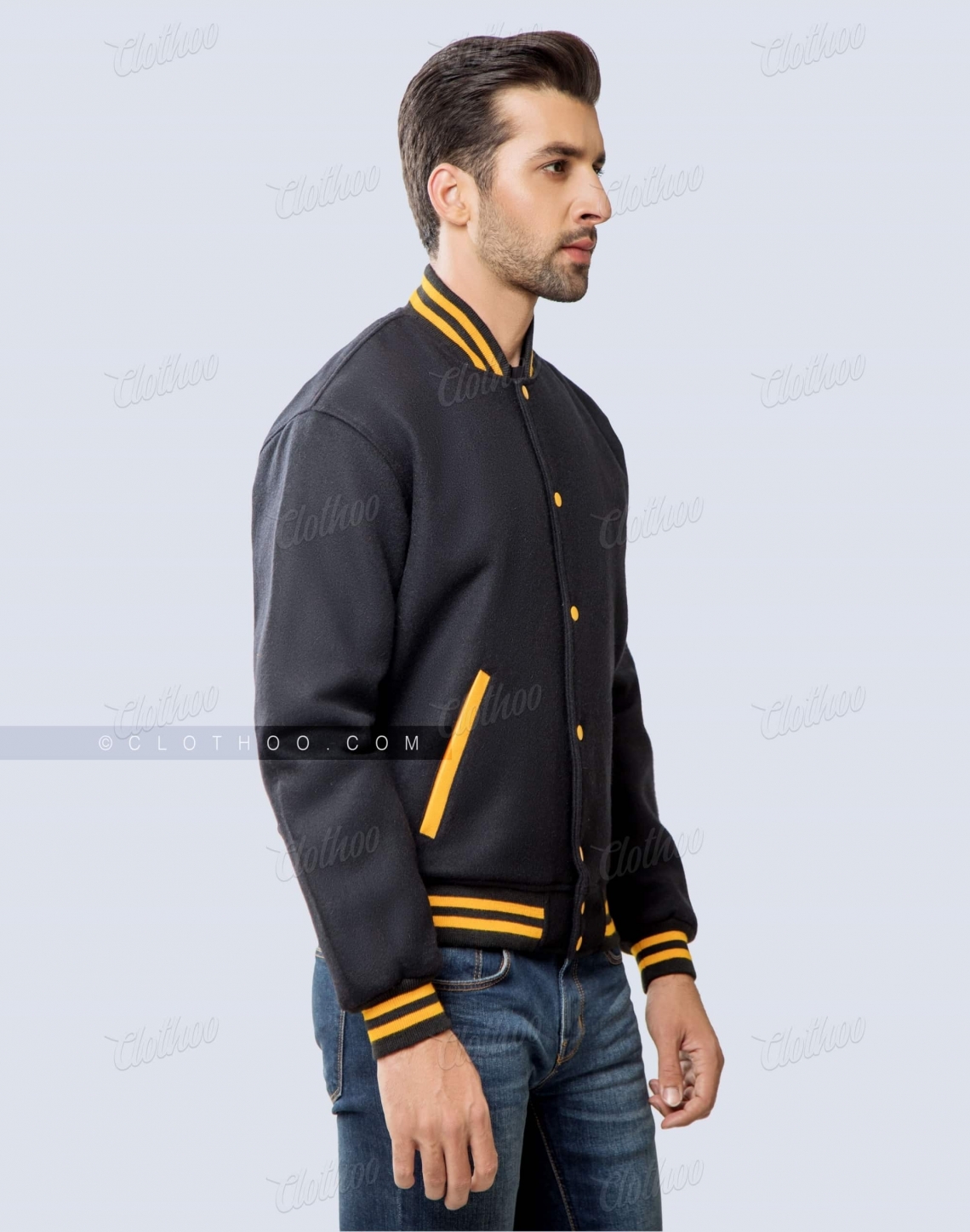 Black Wool Varsity Jacket with Leather Pockets