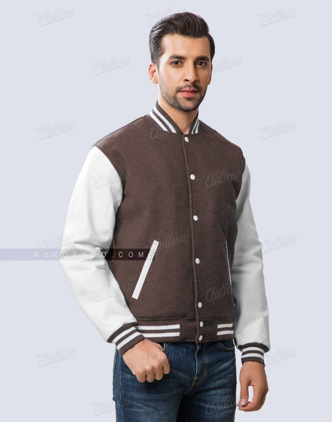 Dark Brown Wool Body  White Leather Sleeves Letterman Jacket