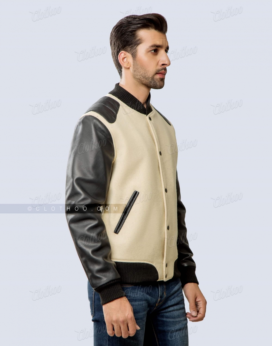 Fashion Wool And Sheep Leather Jacket In Letterman Style Front Side