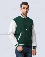 Green and White Varsity Jacket with Leather Sleeves
