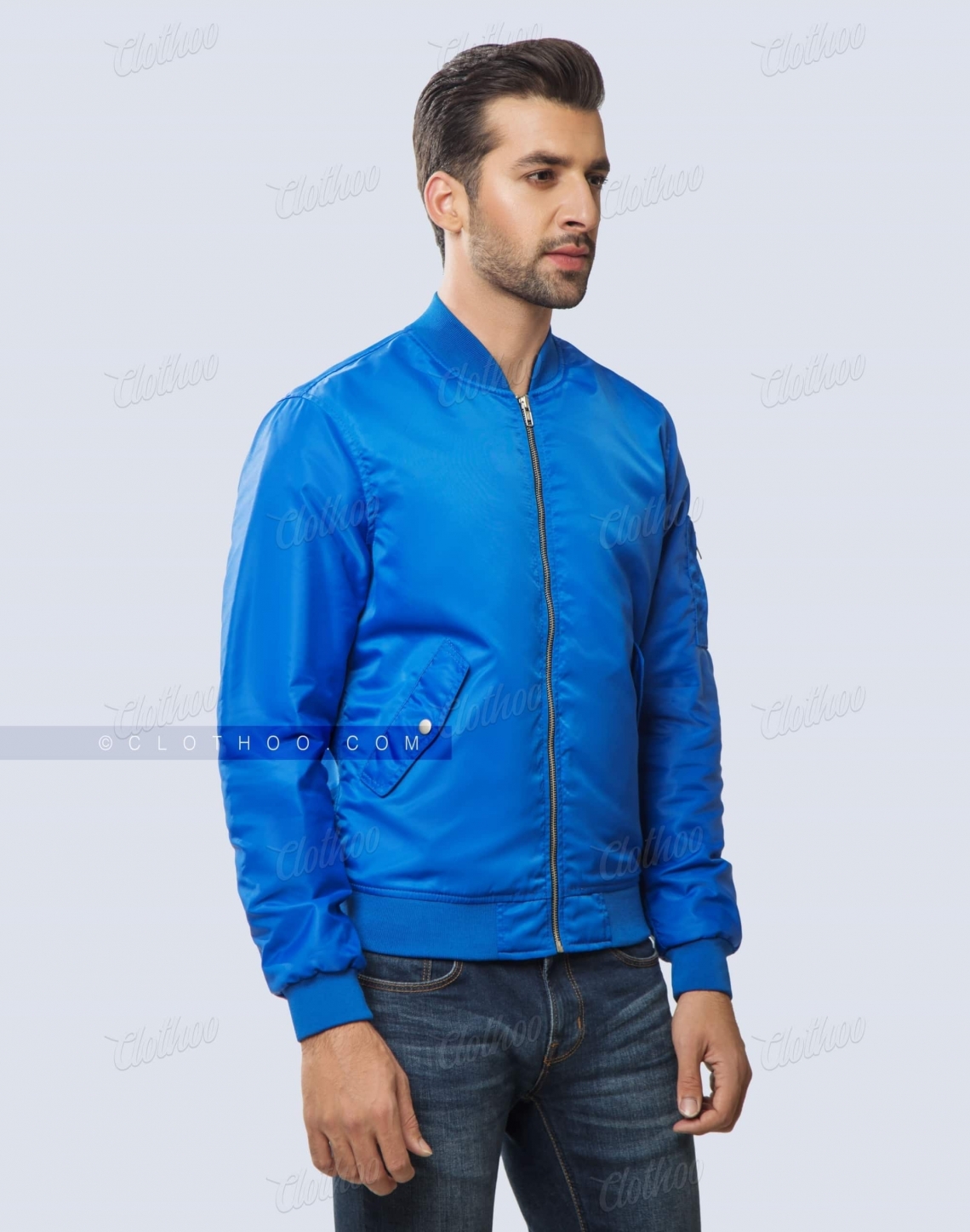 Royal Blue Nylon Bomber Jacket Front Side