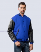 Blue Wool Body and Black Leather Sleeves Varsity Jacket Side
