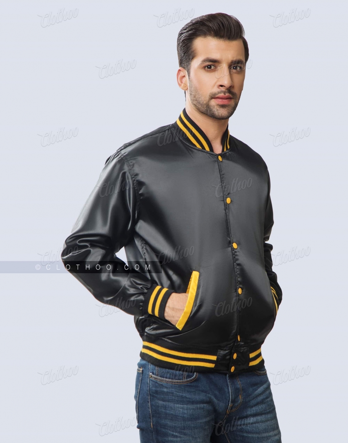 Baseball Satin Letterman Jacket Black Atheltic Gold Front Side