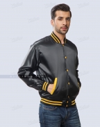 Baseball Satin Letterman Jacket Black Atheltic Gold Front Side