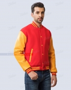 scarlet red wool body and athletic gold sleeves varsity jacket