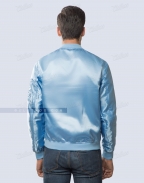 Sky blue satin bomber jacket for women Front Side