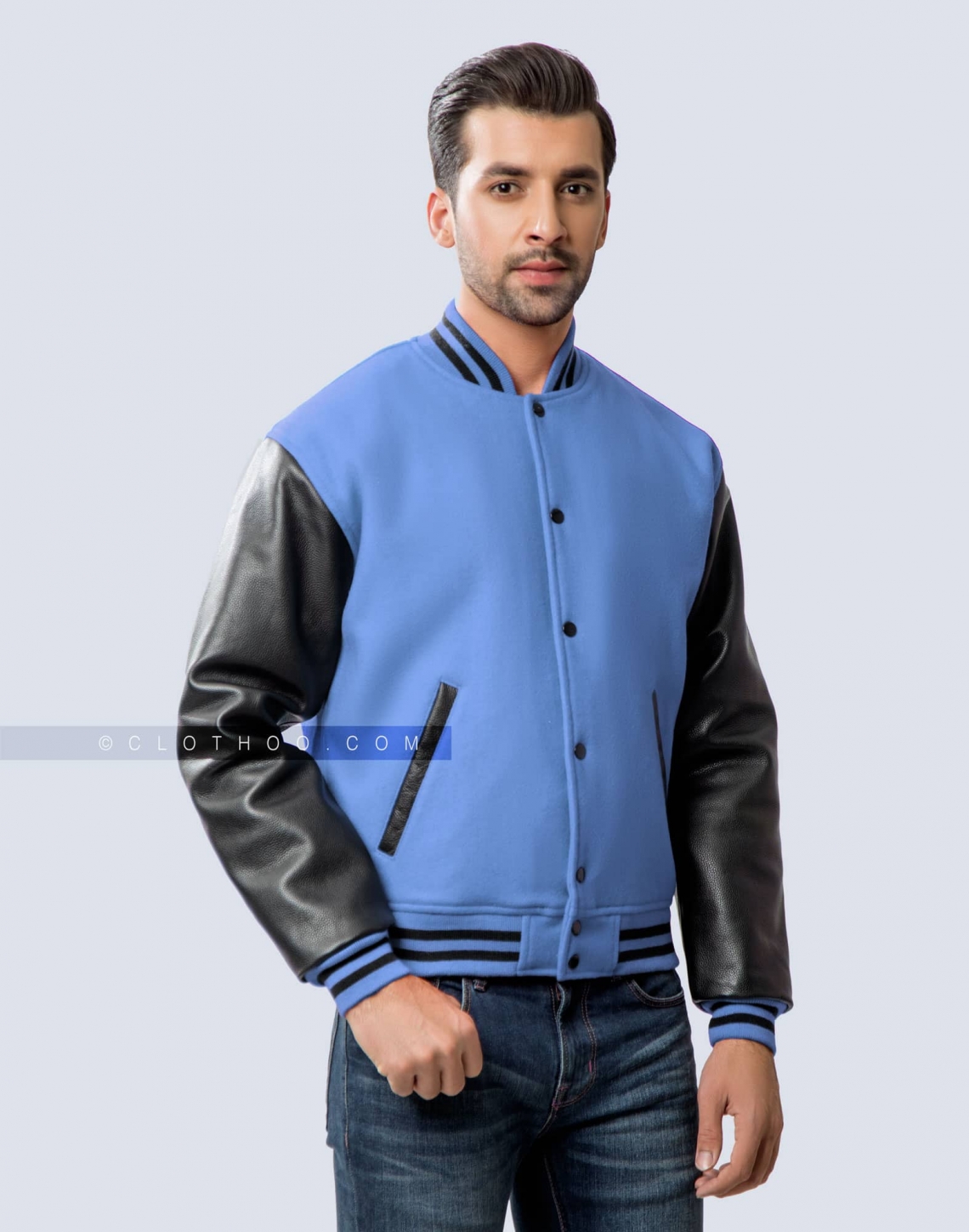 Blue Wool Body & Black Leather Sleeeves Varsity Jacket