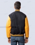 Black and gold varsity jacket in melton wool and cowhide leather sleeves Back