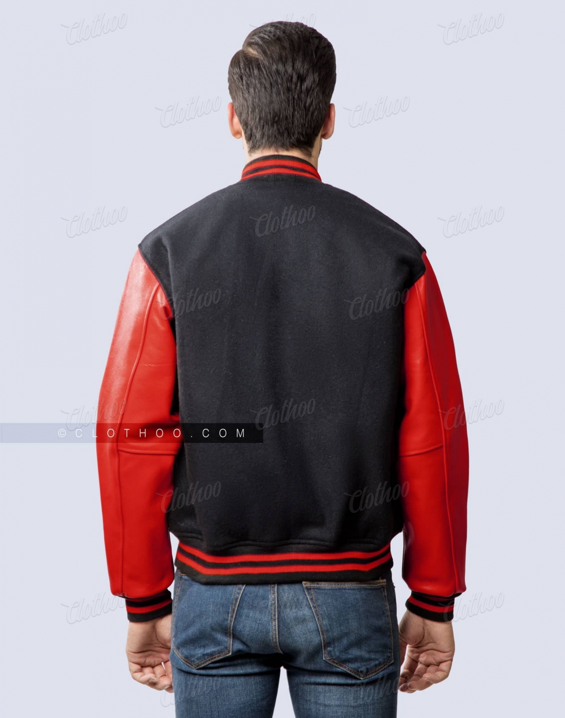 Black Wool Body & Red Leather Sleeves Varsity Jacket Back