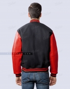 Black Wool Body & Red Leather Sleeves Varsity Jacket Back