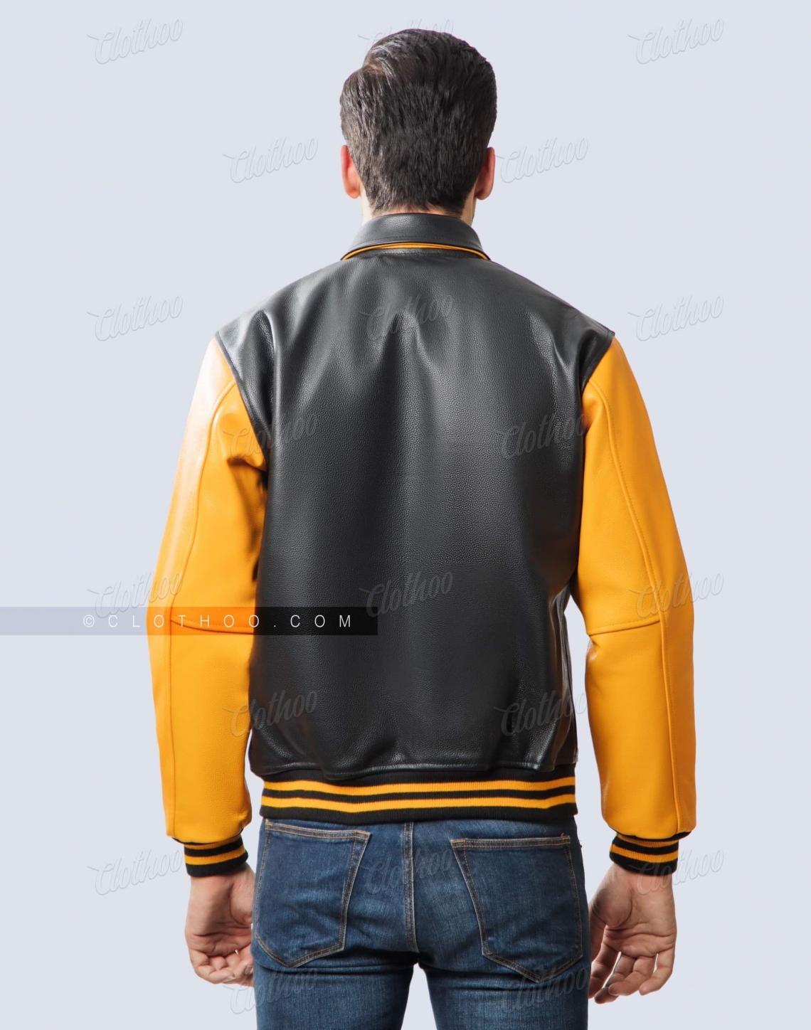 Cowhide Leather Letterman Jacket With Shirt Collar Back