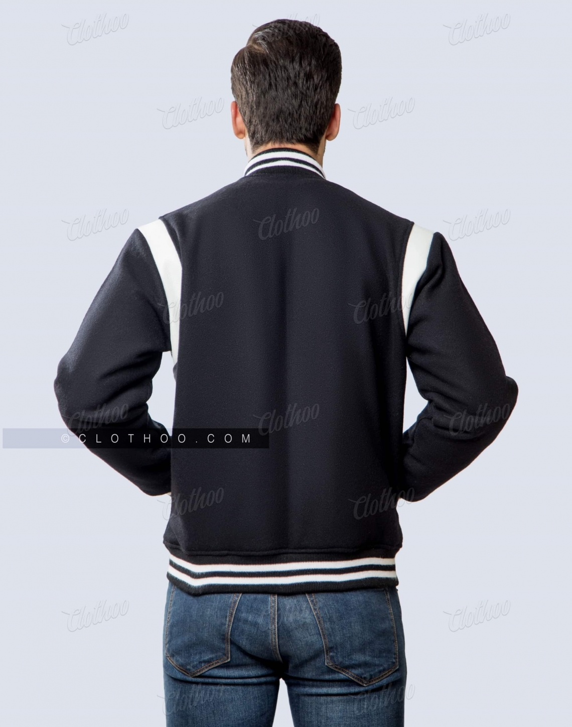 Letterman Jacket With Leather Shoulder Insert White Black Back