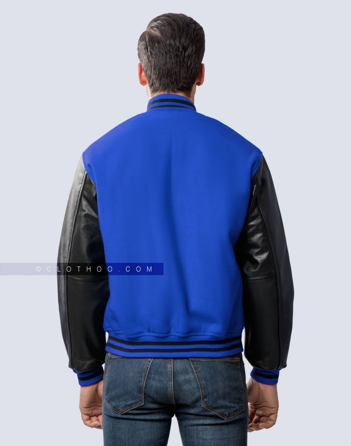 Royal Blue and Black Leather Sleeves Varsity Jacket Back