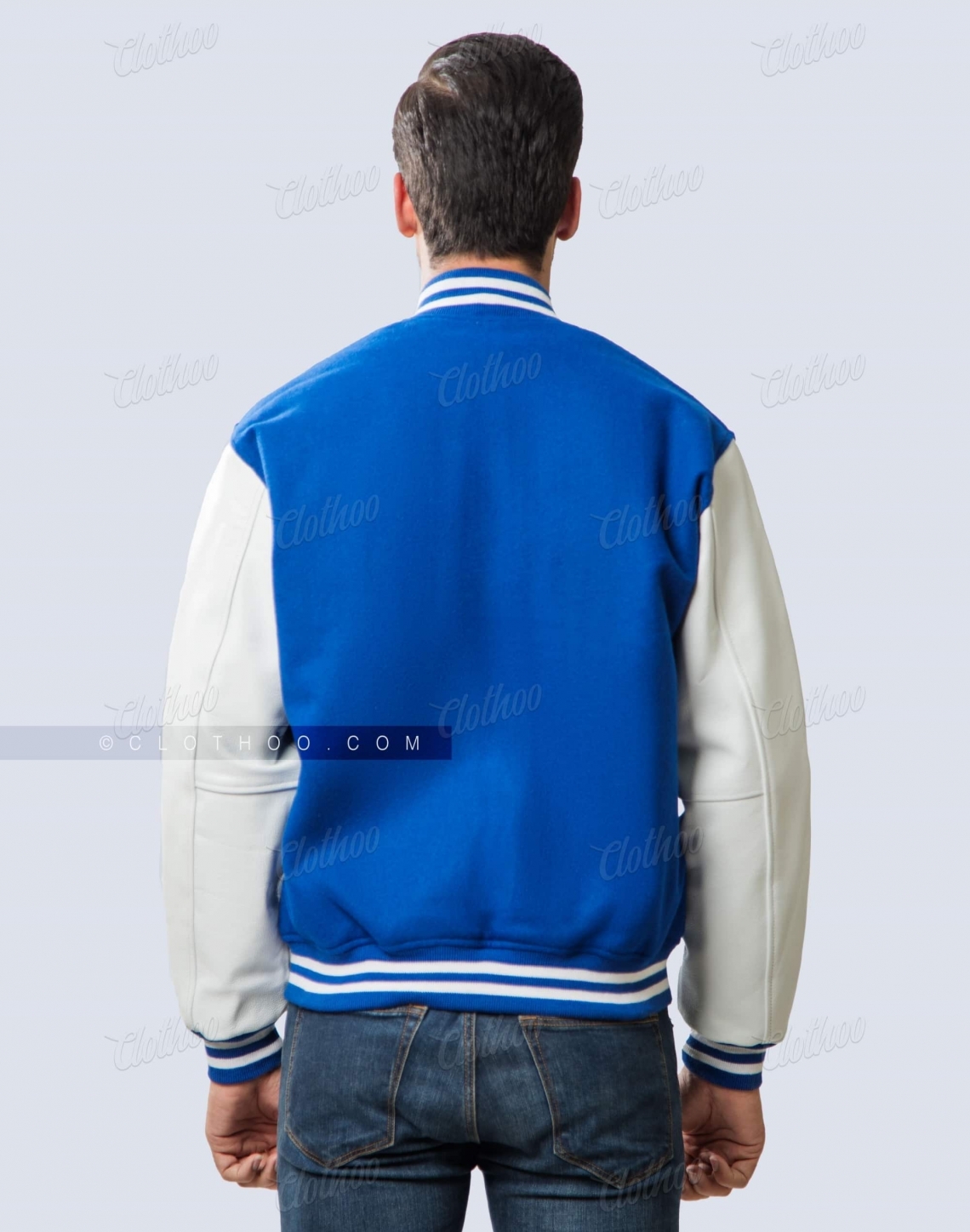 Royal blue body and white leather sleeves jacket
