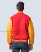 Red Body and Gold Leather Sleeves Varsity Jacket