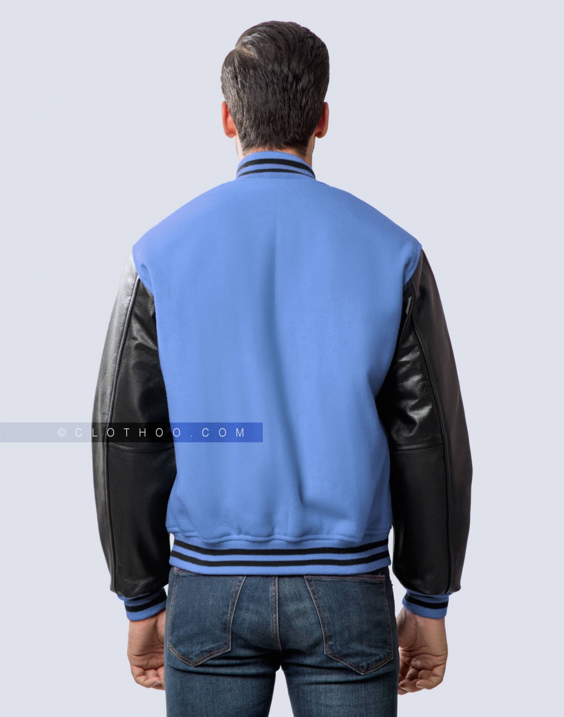 Sky Blue & Black Leather Sleeeves Varsity Jacket