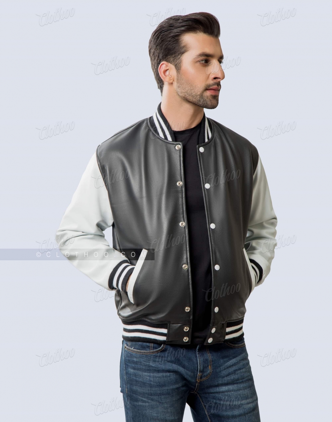 Leather Varsity Jacket in Black and White