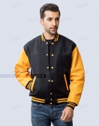Black and gold varsity jacket in melton wool and cowhide leather sleeves.