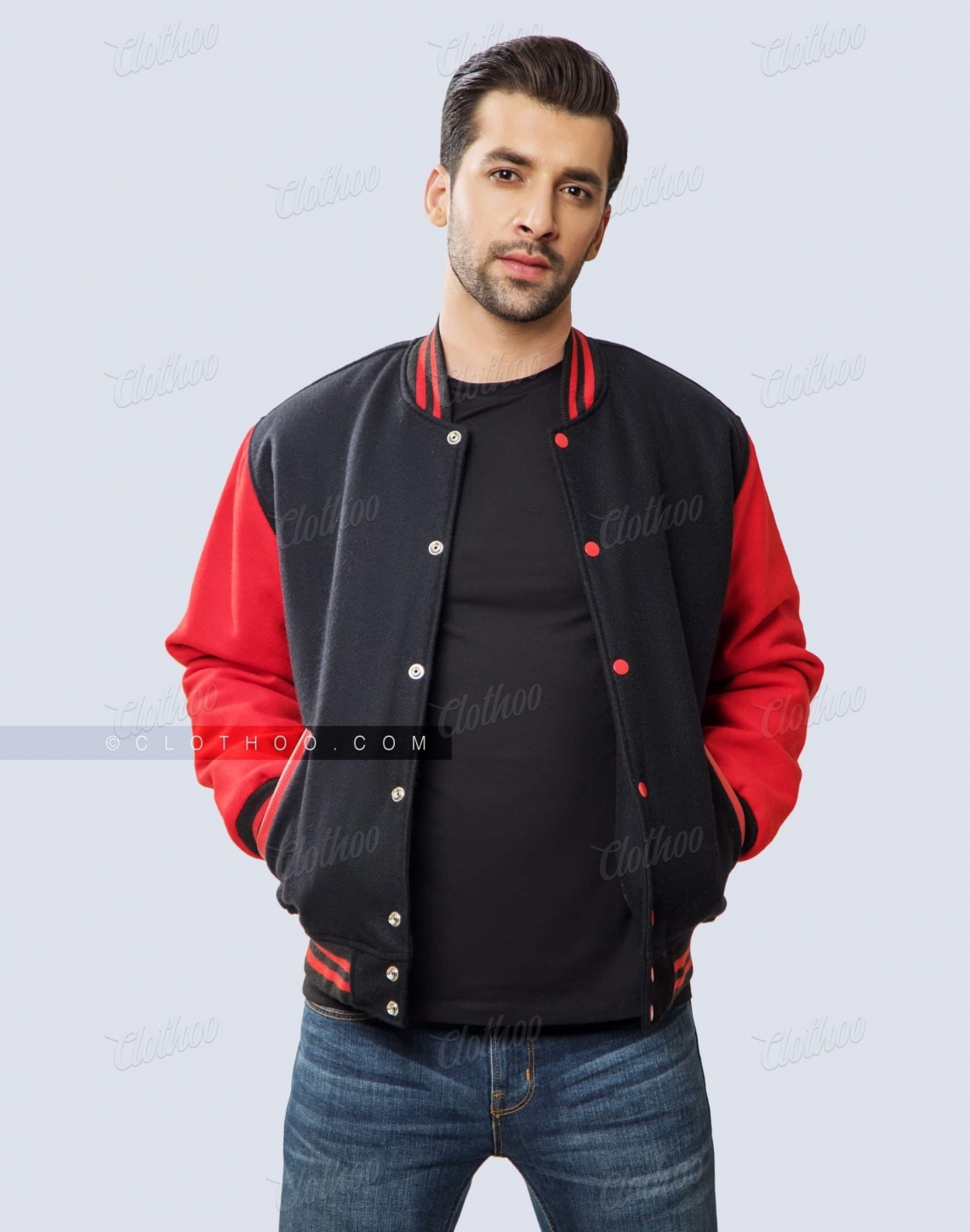 Black and Red Wool Varsity Jacket Casual Look
