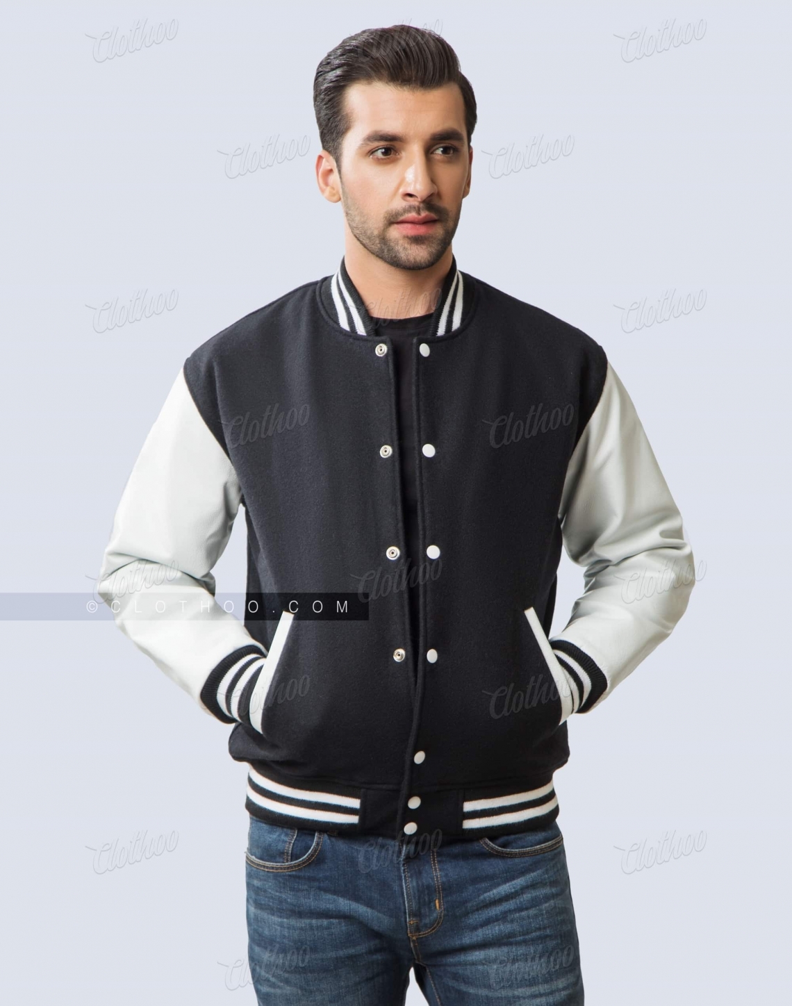 Black and White Letterman Jacket Casual Pose