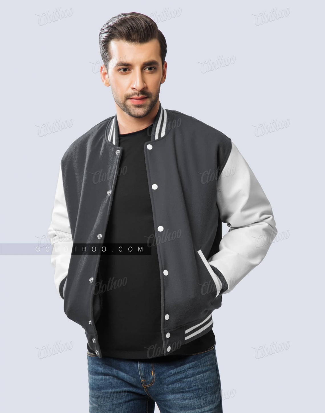 Dark Grey Wool Body and White Leather Varsity Jacket