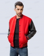 Red Body Black Leather Sleeves Varsity Jacket