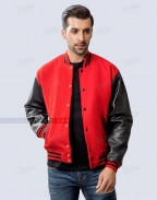 red melton wool body and black leather sleeves letter jacket