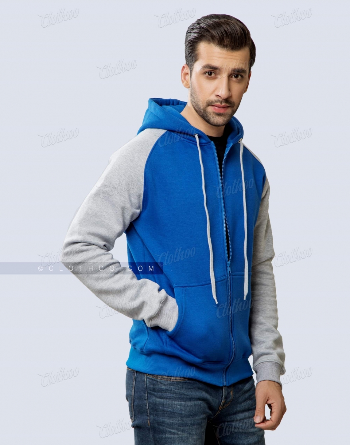 Seniors Zipper Fleece Hoodie In Royal Blue And Light Grey Casual