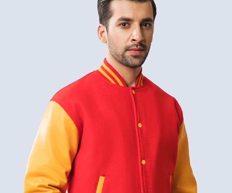  Red wool body with yellow cowhide sleeves, rib-knit trims. 