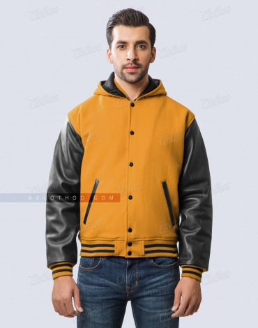 Gold Wool and Black Leather Sleeves Hooded Varsity Jacket