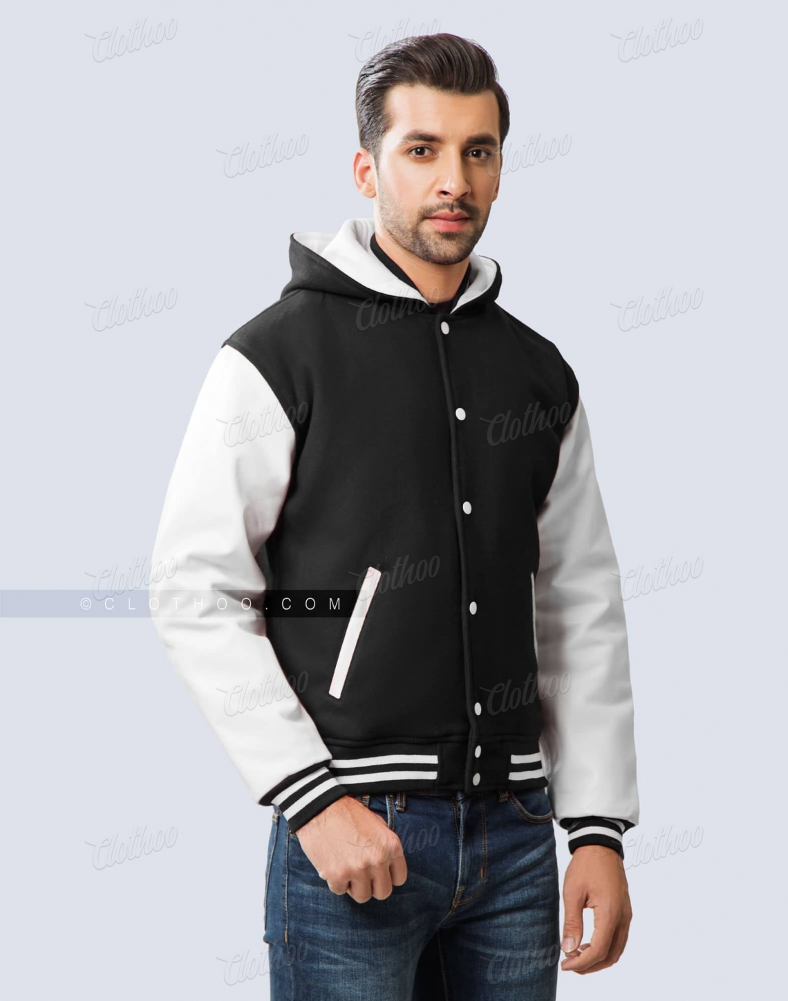 Black Hooded Varsity Jacket Leather Sleeves