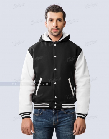 Black Wool and White Leather Sleeves Varsity Hoodie Jacket
