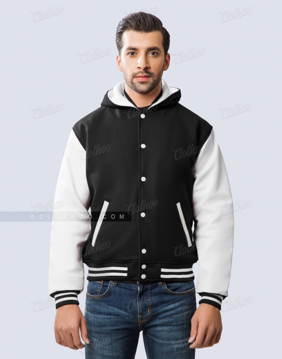 Black Hooded Jacket with White Leather Sleeves