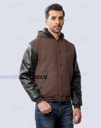 Black Leather Sleeves Brown Wool Hooded Letterman Jacket