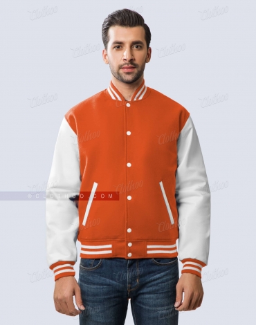 Orange Wool and White Faux Leather Sleeves Letterman Jacket