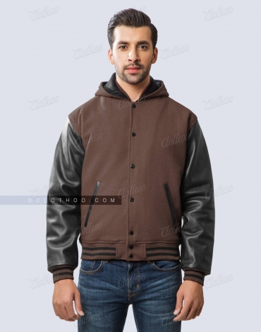 Dark Brown Wool and Black Leather Sleeves Hooded Varsity Jacket