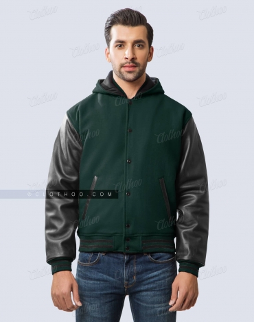 Dark Green Wool and Black Leather Sleeves Varsity Hoodie