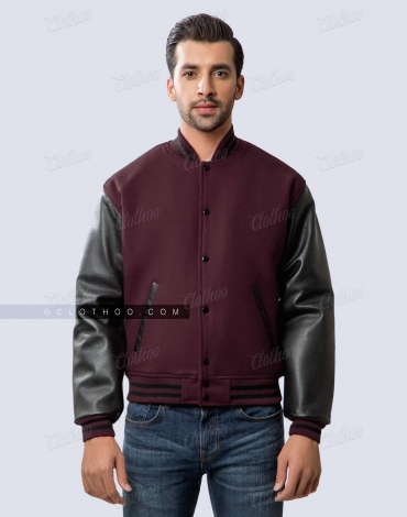 Maroon Wool and Black Leather Sleeves Varsity Jacket