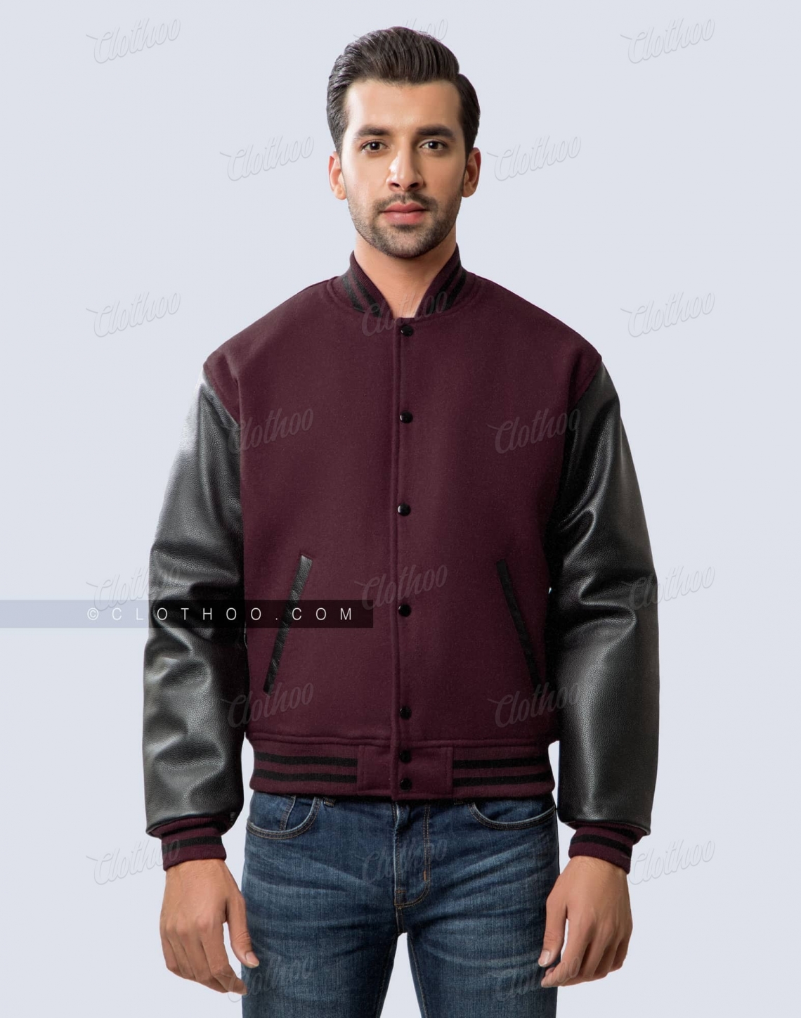 Maroon Body and Black Leather Sleeves Varsity Jacket