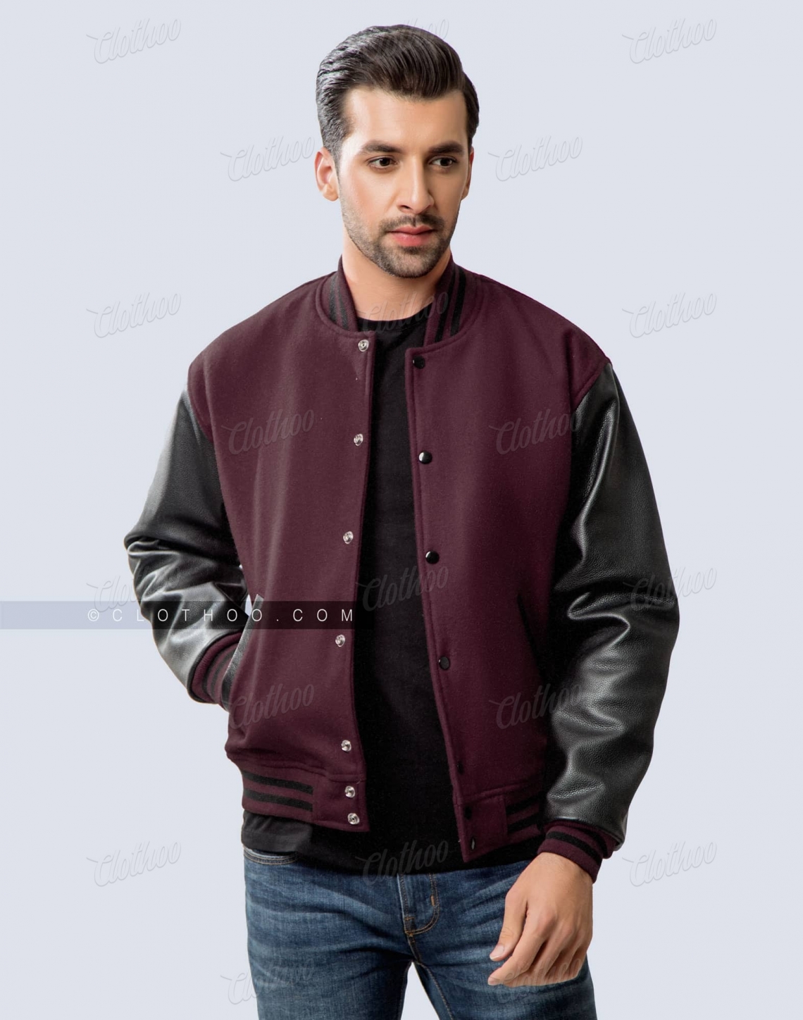 Maroon Body and Black Leather Sleeves Varsity Jacket Outerwear