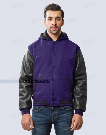 Dark Purple Wool and Black Leather Sleeves Varsity Hoodie