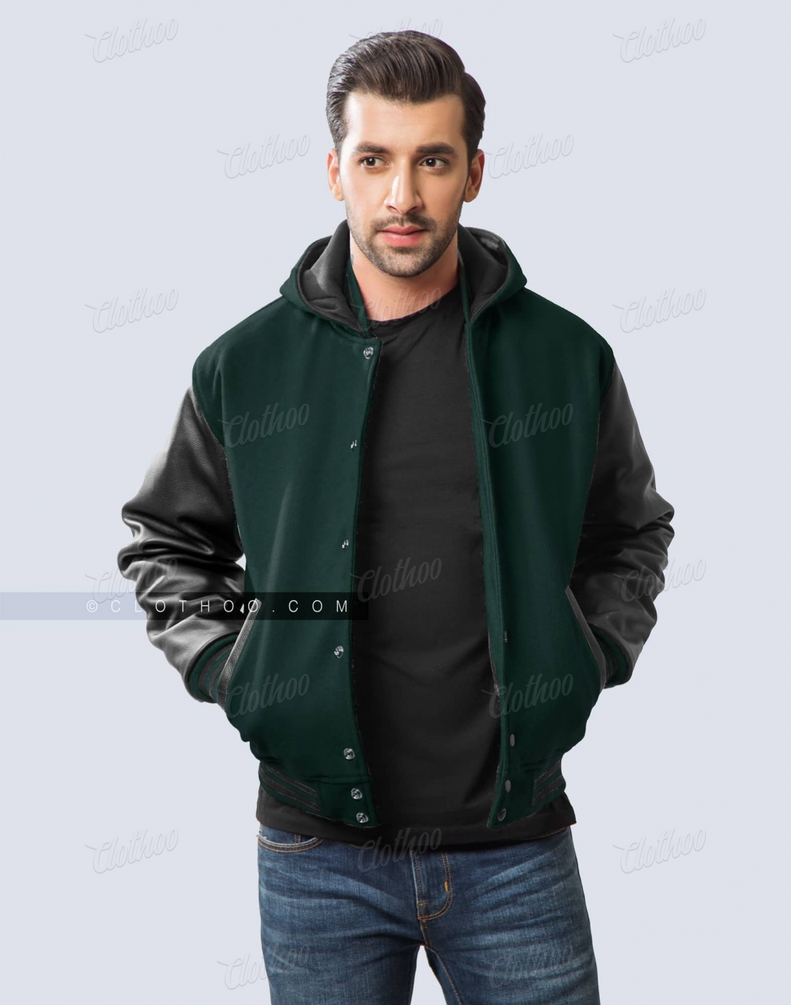 Green Black Hooded Varsity Jacket