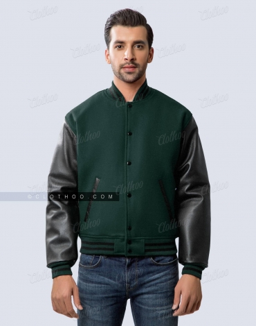 Dark Green Wool and Black Faux Leather Sleeves Letterman Jacket
