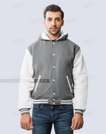 Light Grey Wool and White Leather Sleeves Varsity Hoodie