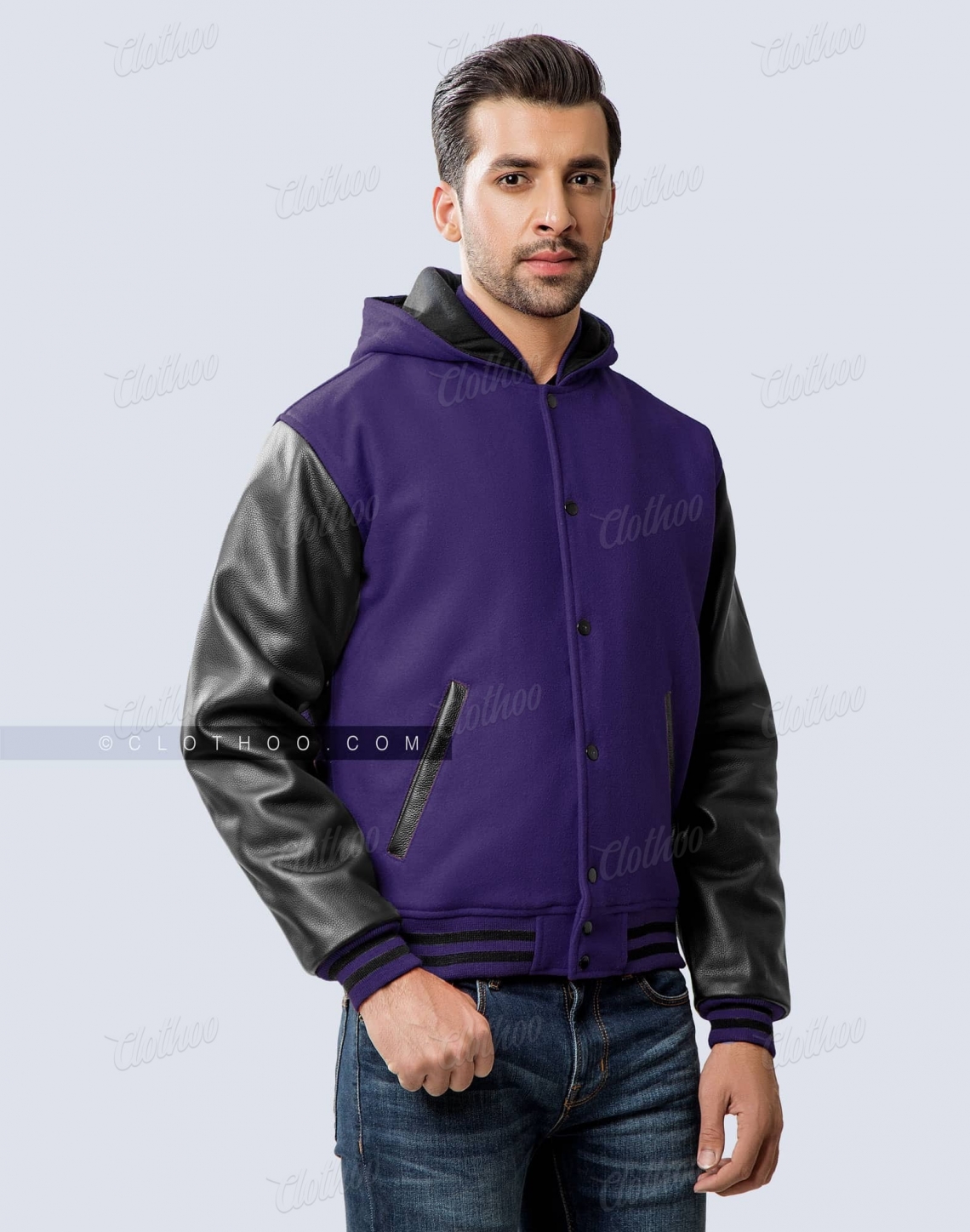 Hooded Dark Purple Varsity Letterman Jacket