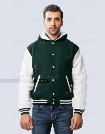 Green Wool and White Leather Sleeves Hooded Varsity Jacket