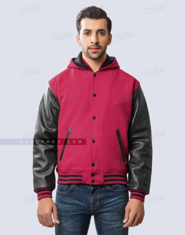 Hot Pink Wool and Black Leather Sleeves Varsity Jacket with Hood
