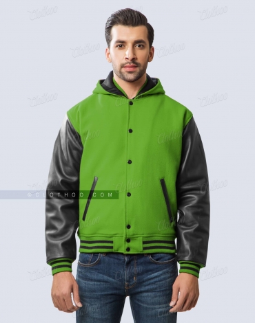 Kelly Green Wool and Black Leather Sleeves Hooded Letterman Jacket